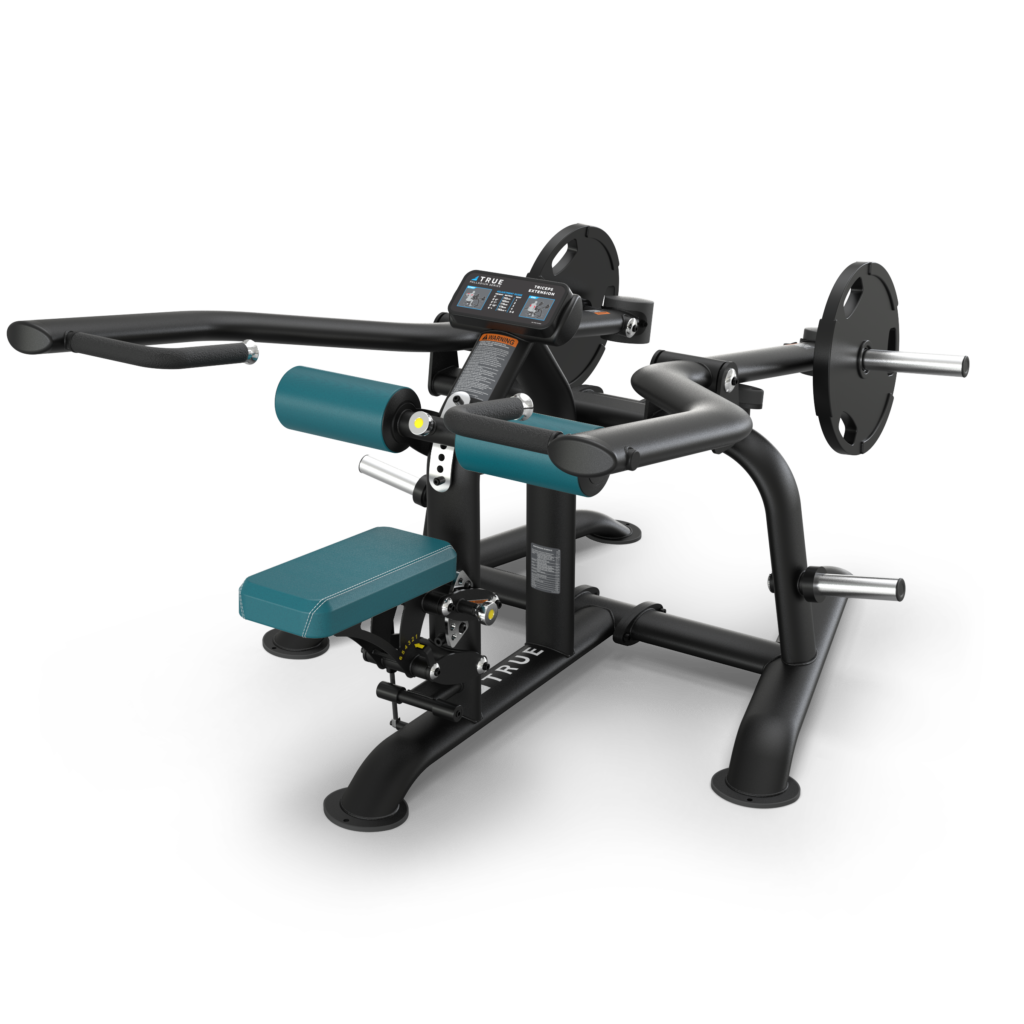 A black and teal strength training machine with padded seat, backrest, arm pads, weights racks, and a digital display, designed for upper body and arm exercises, on a white background.