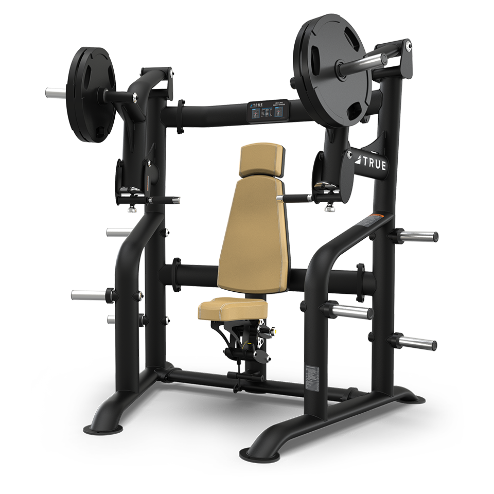 A black and tan chest press machine with a padded seat and backrest, loaded with weight plates on each side, designed for strength training in a gym setting.