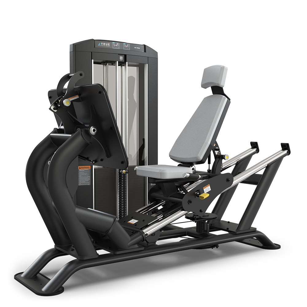 A black and gray leg press machine with a padded seat, backrest, and adjustable weights, designed for indoor gym use, isolated on a white background.