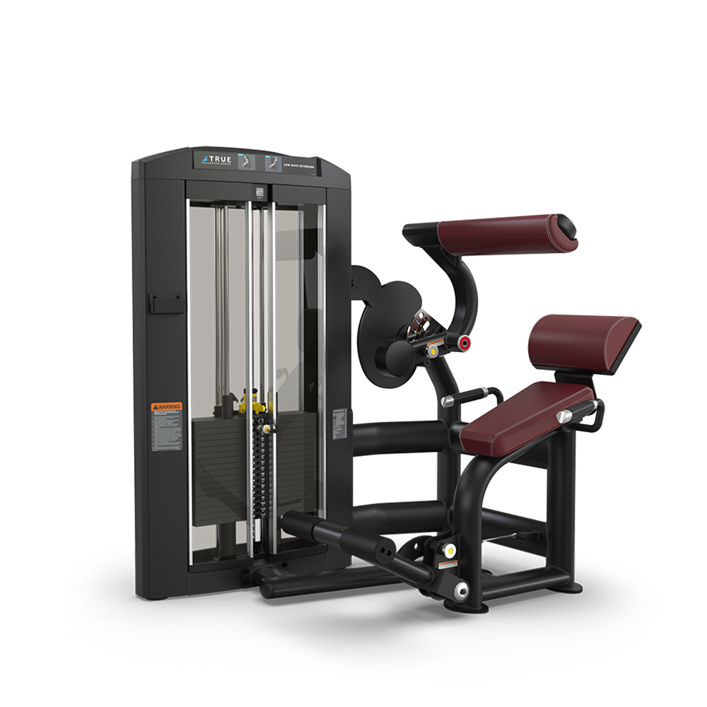 A black and red seated gym machine with padded supports for legs and arms, a weight stack, and adjustable components, designed for performing leg curl and extension exercises.