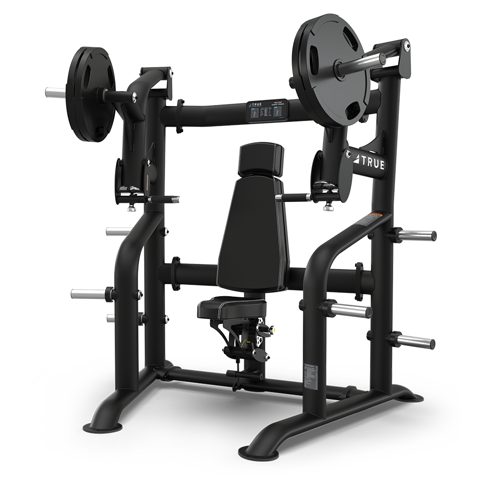 A black seated chest press machine with weight plates loaded on each side, an adjustable padded seat, and multiple handles for upper body workouts. The frame has storage pegs for additional weight plates.