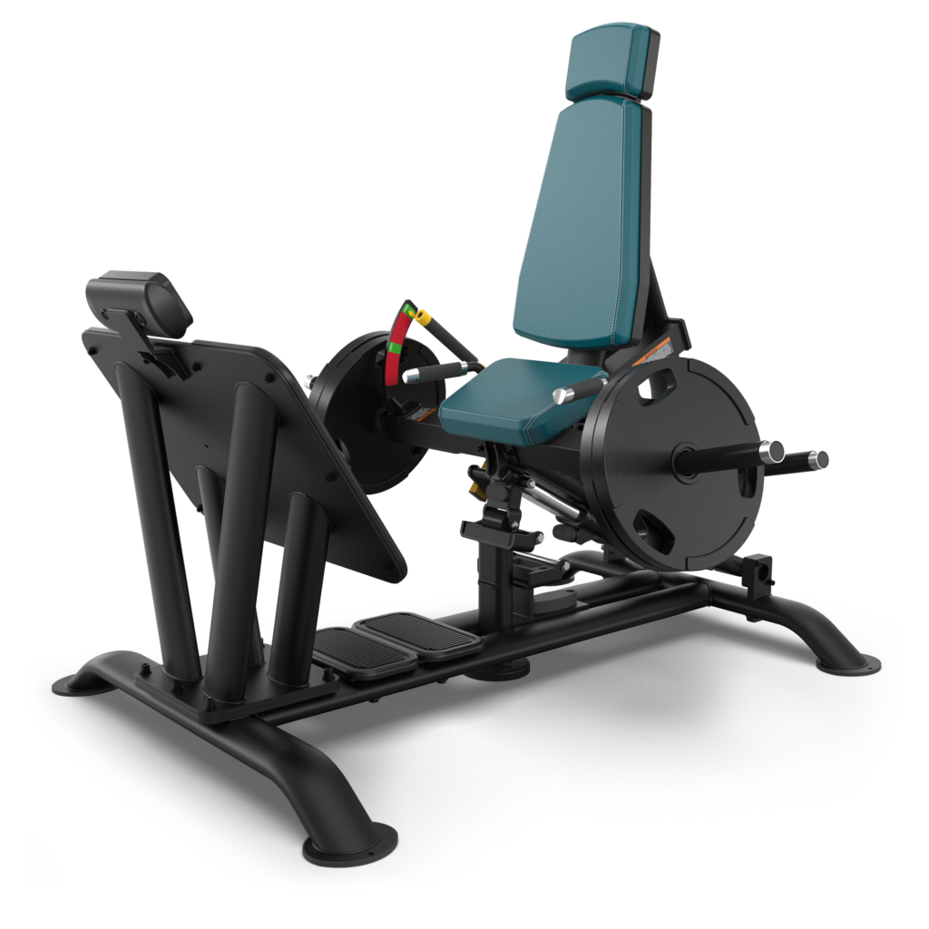 A black leg press machine with teal padding, angled footplate, and adjustable seat and weights, designed for lower body strength training in a gym setting.