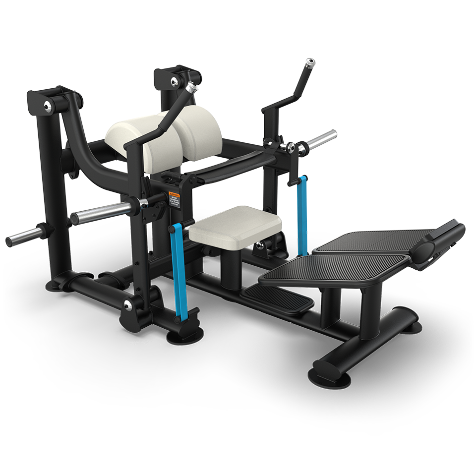 A black and white gym machine with padded seats and backrests, foot plates, and various handles and bars designed for leg and back exercises on a white background.