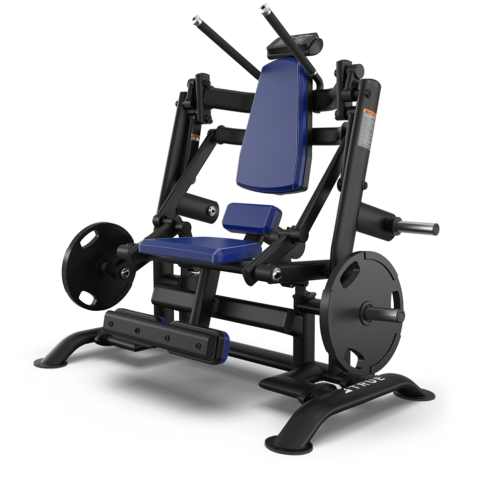 A black and blue plate-loaded gym machine designed for seated chest presses and shoulder workouts, featuring padded seat, backrest, and handles with weight plates on each side.