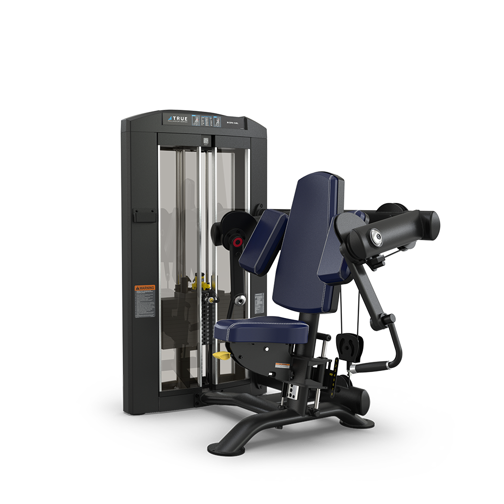 A commercial gym machine with a padded seat and backrest, adjustable arm pads, and a weight stack, designed for performing biceps curl exercises. The machine has a sturdy black frame on a white background.