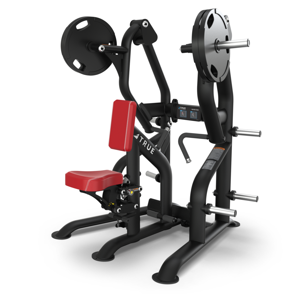 A black and red plate-loaded strength training machine with a padded seat and backrest, designed for upper body workouts. Two large weight plates are mounted on the arms of the machine.