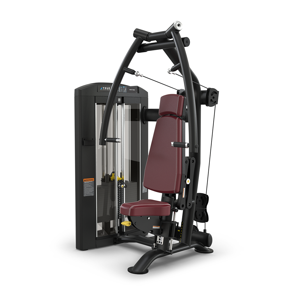 A black and maroon seated chest press machine with adjustable cables, padded seat, and backrest, designed for indoor strength training and resistance exercises.