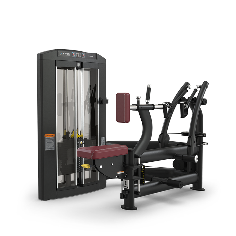 A black and red commercial gym machine for seated row exercises, featuring adjustable handles, weight stack, padded seat, and back support, designed for upper body strength training.