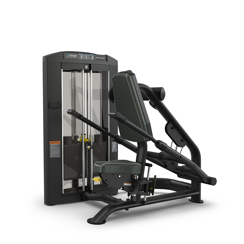 A black and dark green seated chest press machine with padded seat, backrest, and handles, designed for strength training in a gym setting. The weight stack and adjustment features are visible.