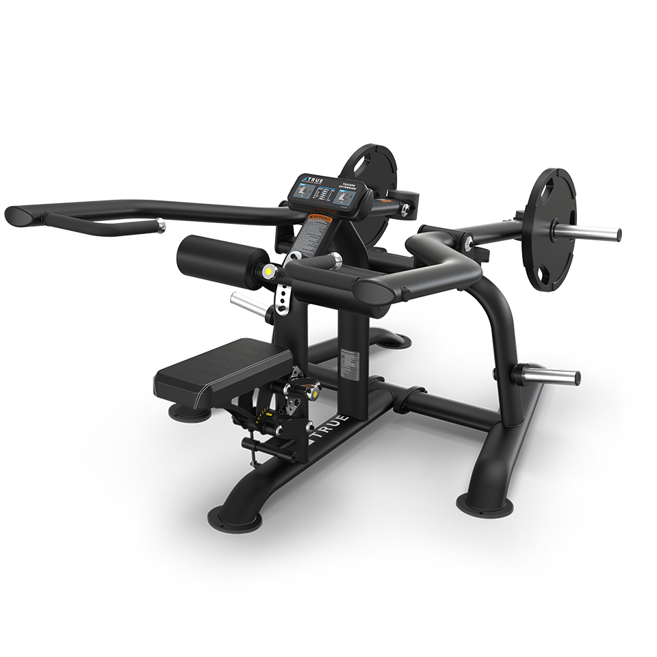 A black seated row strength training machine with padded seat, handles, foot supports, and weight plate holders, designed for gym use on a white background.