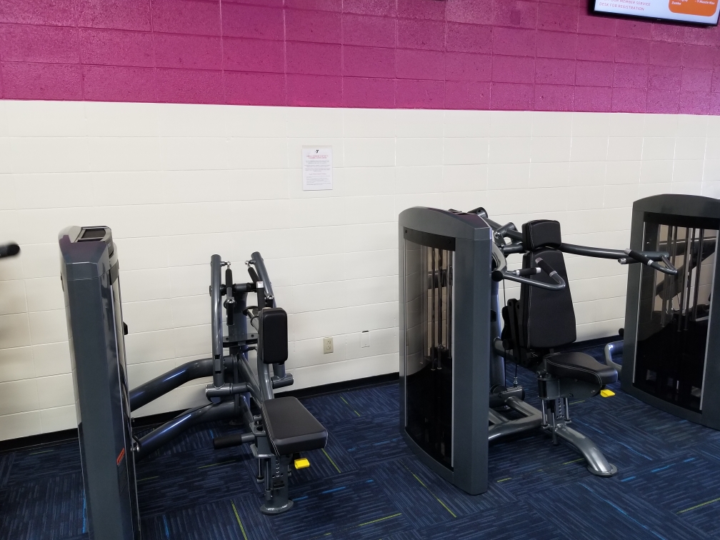 Two strength training machines are placed side by side against a wall with a pink and white color scheme in a gym. The machines have padded seats and handles, and the floor is covered with dark blue patterned carpet.