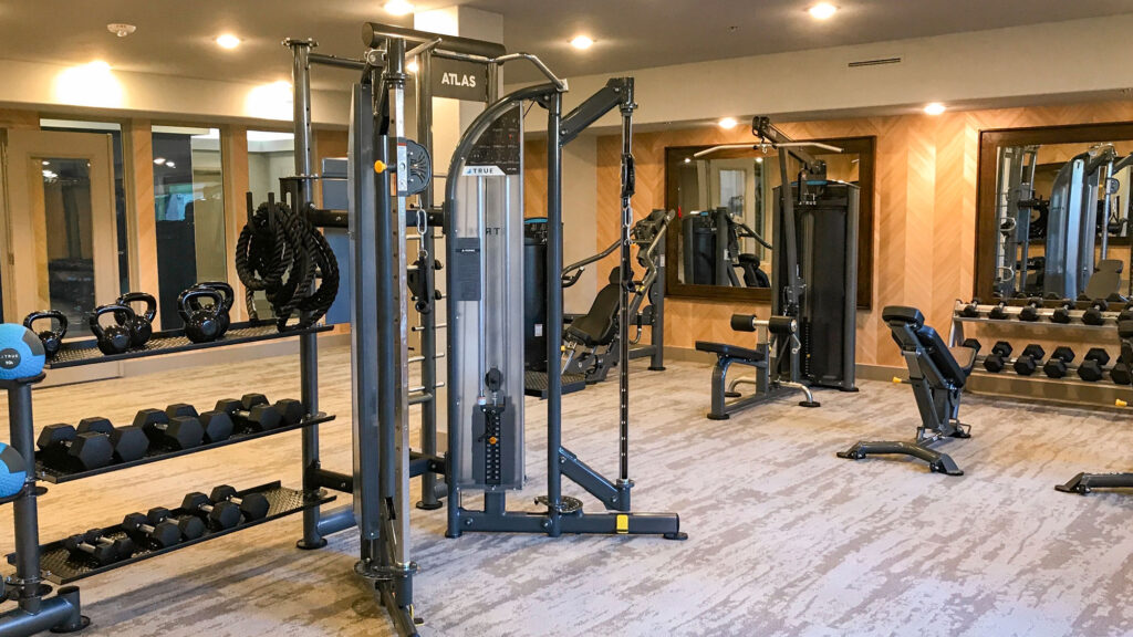 A modern gym with various exercise equipment, including a multi-functional weight machine, dumbbells, kettlebells, benches, and mirrors lining the wall. The space has carpeted floors and large windows.