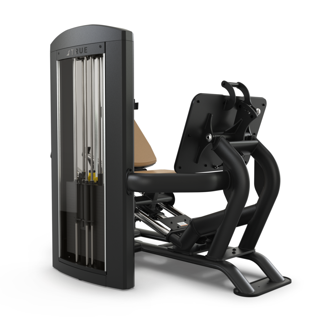 A black and gray seated leg press machine with padded seat and backrest, weight stack enclosure, and foot platform, designed for strength training in a gym.