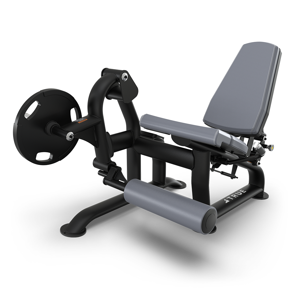 A gray and black leg press machine with padded seat and leg supports, a weight plate holder, and pedals designed for strength training exercises, set against a plain white background.