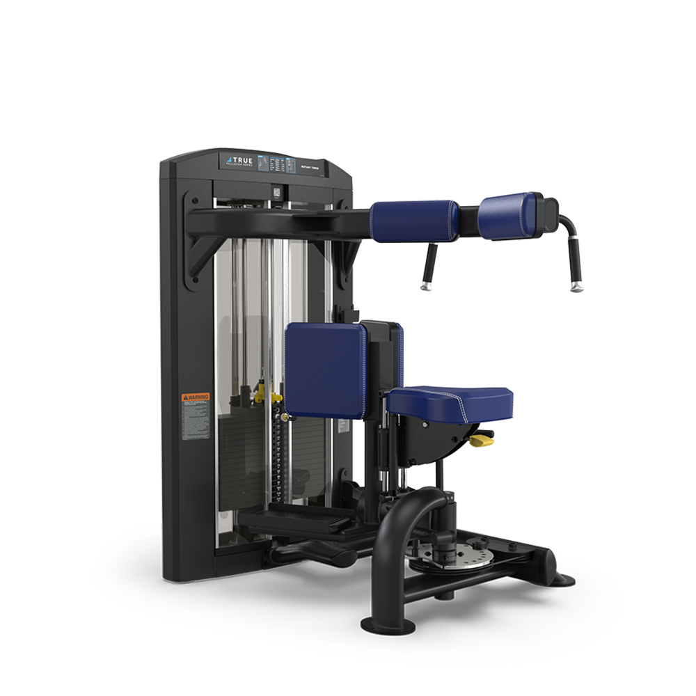 A commercial fitness machine with padded blue seats and armrests, designed for targeting core and torso muscles, set against a plain white background.