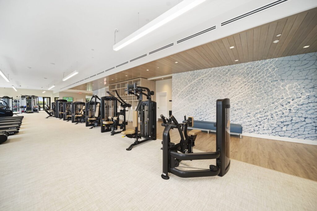 Spacious, modern gym with various strength training machines, treadmills, and a textured blue-and-white accent wall. The floor has light carpet and wood, and a blue bench sits by the wall.