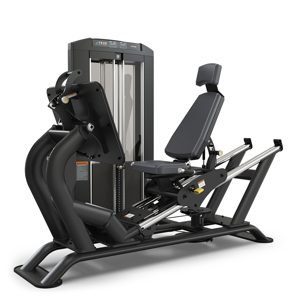 A black seated leg press machine with a padded backrest, adjustable seat, and weight stack, designed for lower body strength training in a gym setting.