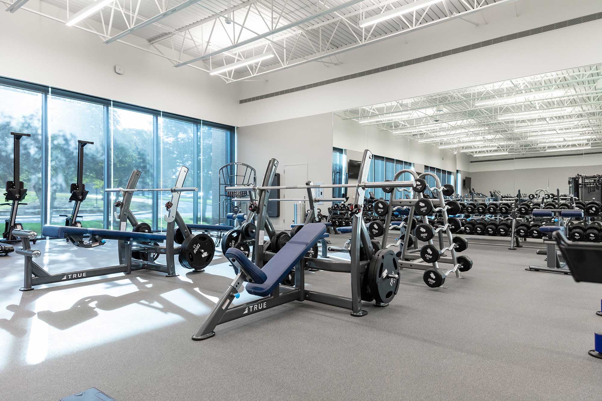 Spacious gym with weightlifting benches, barbells, and various exercise equipment. Large windows let in natural light, and mirrors line the walls. The gym is clean, modern, and empty.