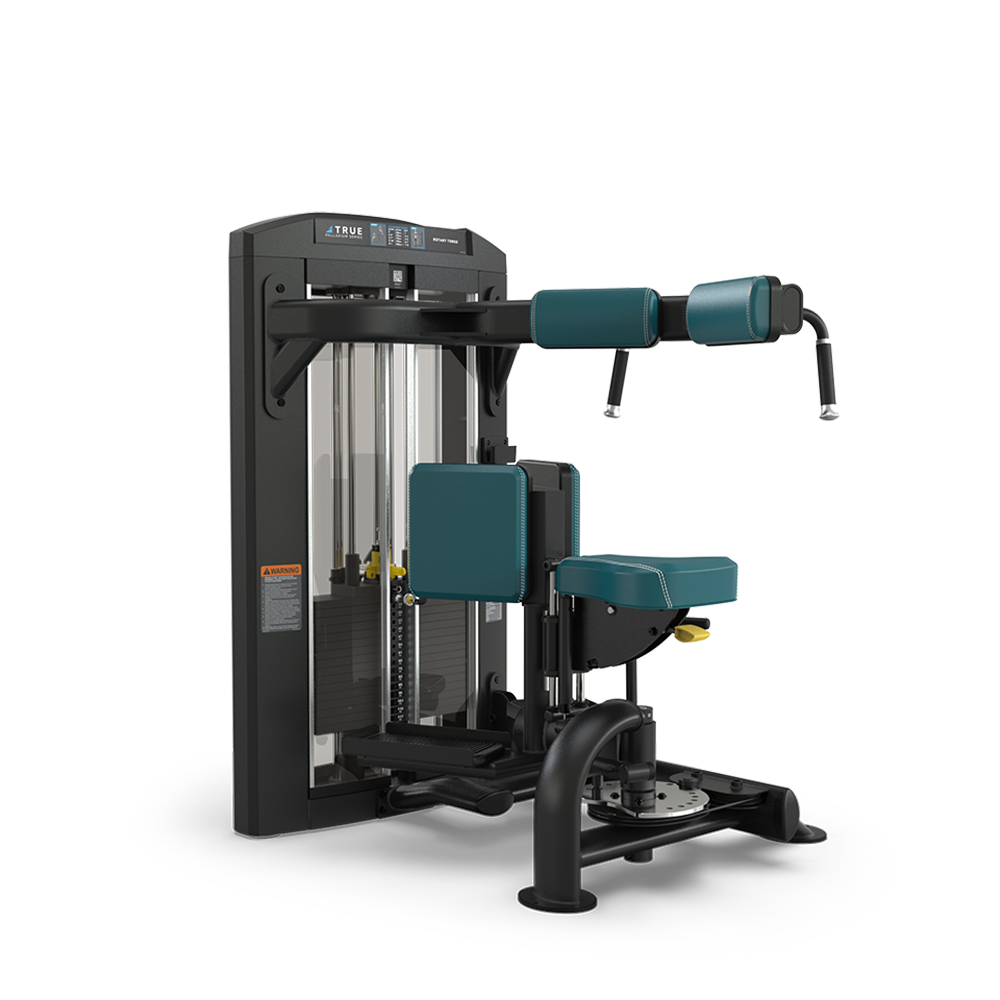 A gym machine with padded teal seats and backrests, designed for torso rotation exercises, featuring adjustable weights and black frame.