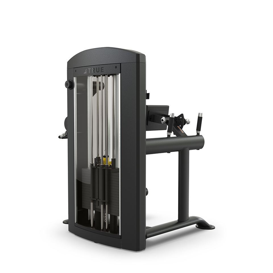 A black weight machine with a vertical stack of weights, cables, and padded handles, designed for strength training in a gym. The background is plain and white.