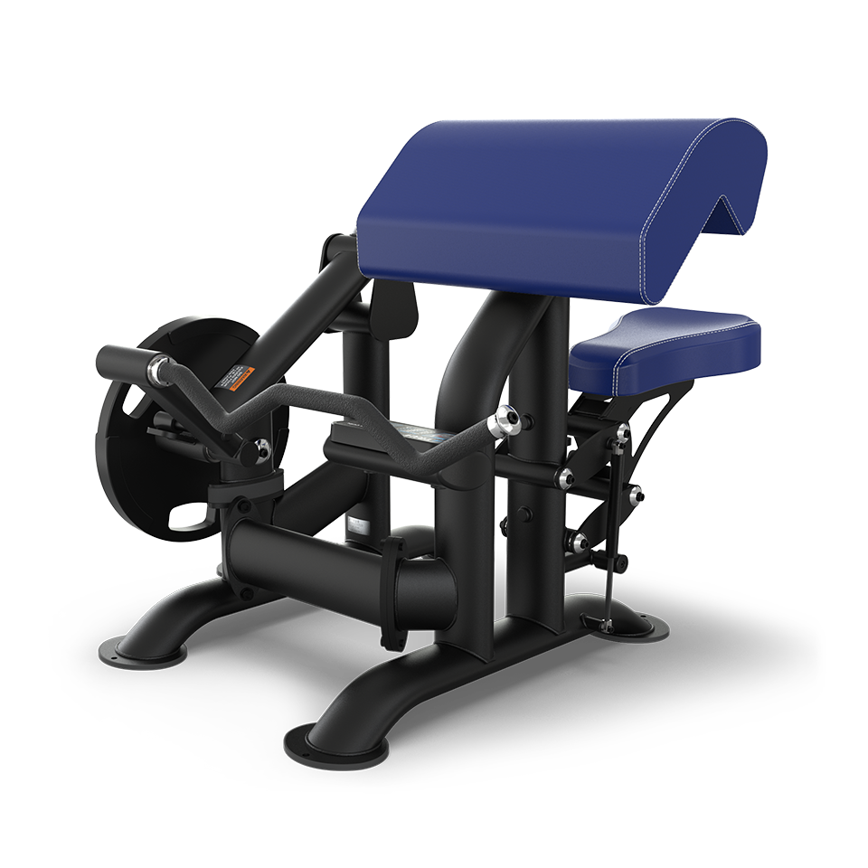 A black and blue seated gym machine with padded arm and seat supports, designed for performing bicep curls using a lever and weight plate system.