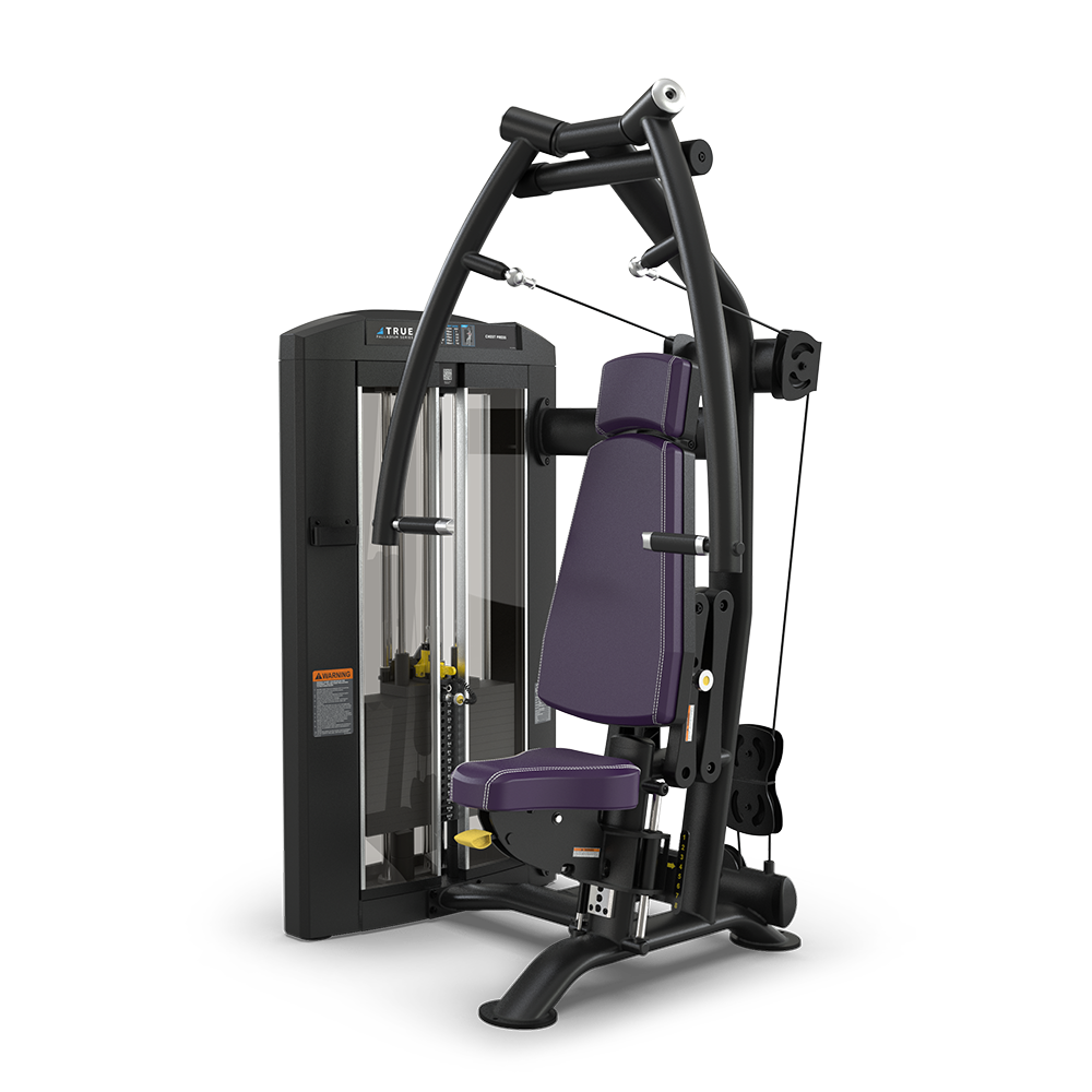 A black and purple multi-functional gym machine with a padded seat and backrest, adjustable weights, and cables, designed for upper body strength training exercises, on a plain white background.