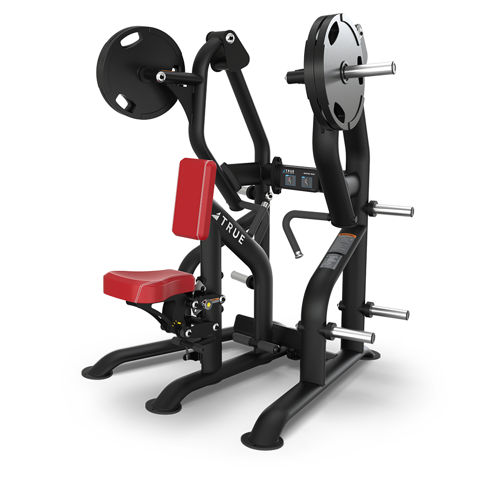 A black plate-loaded shoulder press gym machine with red padded seat and backrest, angled arm handles, and weight plates attached for resistance, set on a white background.