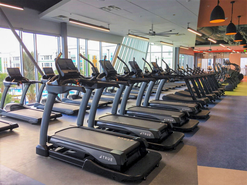 A row of treadmills lines a bright, spacious gym with large windows, letting in natural light. The area is clean and modern, with overhead lights and a view of buildings outside.