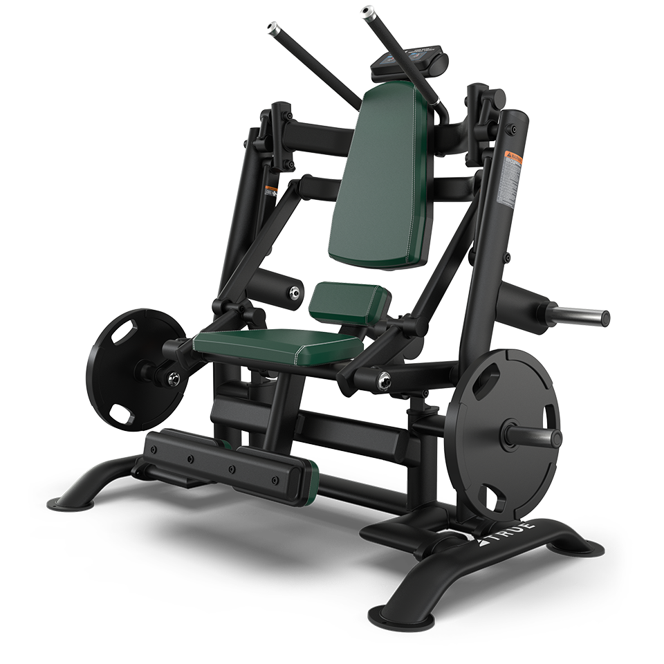 Black and green seated leg press machine with padded backrest and seat, footplate, and weight plates attached on both sides, designed for gym workouts and strength training.