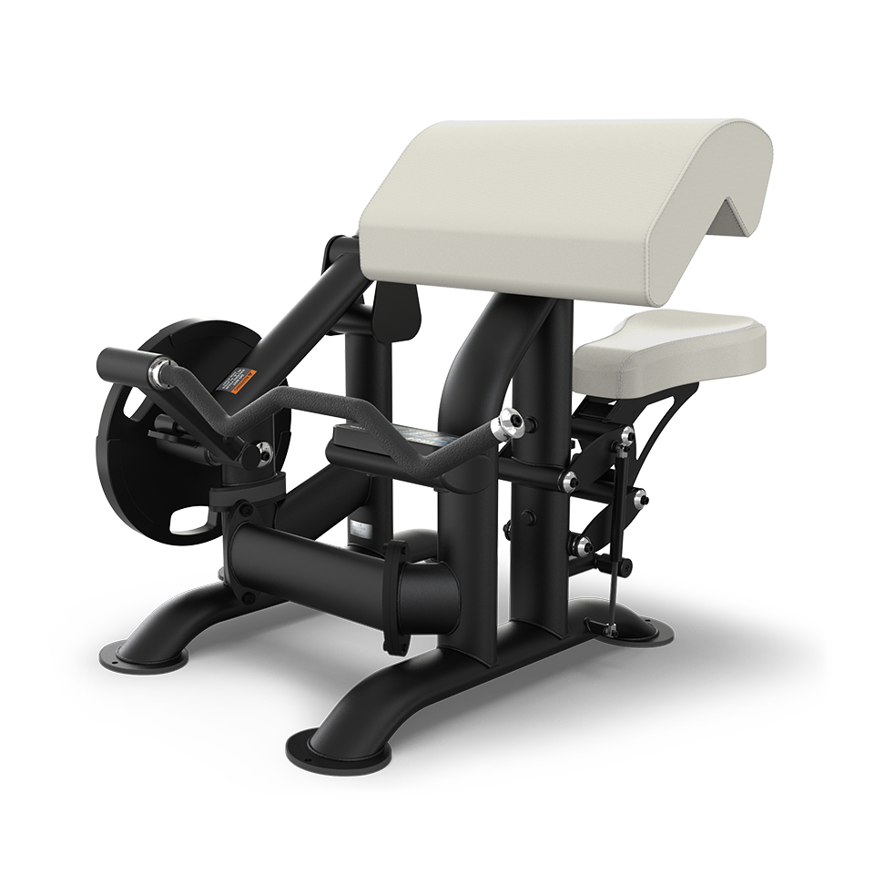 A black and white seated preacher curl machine with padded arm rest and seat, adjustable handles, and weight plate holder, designed for biceps exercises in a gym setting.