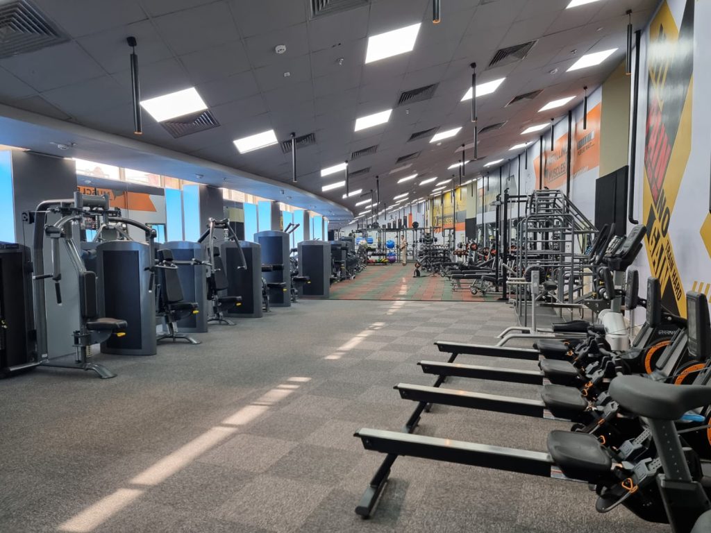 Spacious gym interior with rows of exercise machines, including rowing machines in the foreground and various weight and cardio equipment along the walls; bright lighting and large windows on the left.