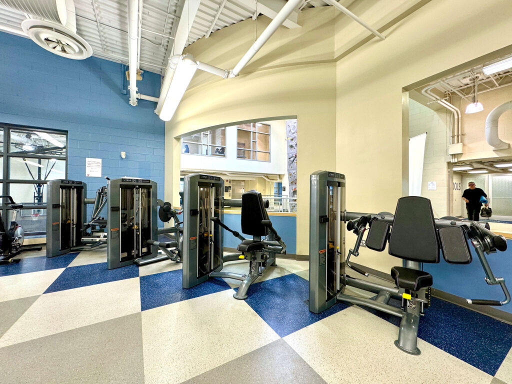 A bright gym with blue and white walls, featuring several weight machines lined up on a blue and beige checkered floor. Large windows and ceiling pipes are visible, with a person in the background.