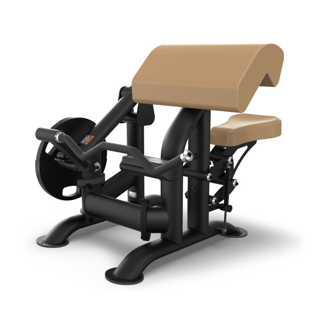 A black and tan preacher curl exercise machine with a padded armrest, adjustable seat, handles, and weight plate holder, designed for performing bicep curls in a gym setting.