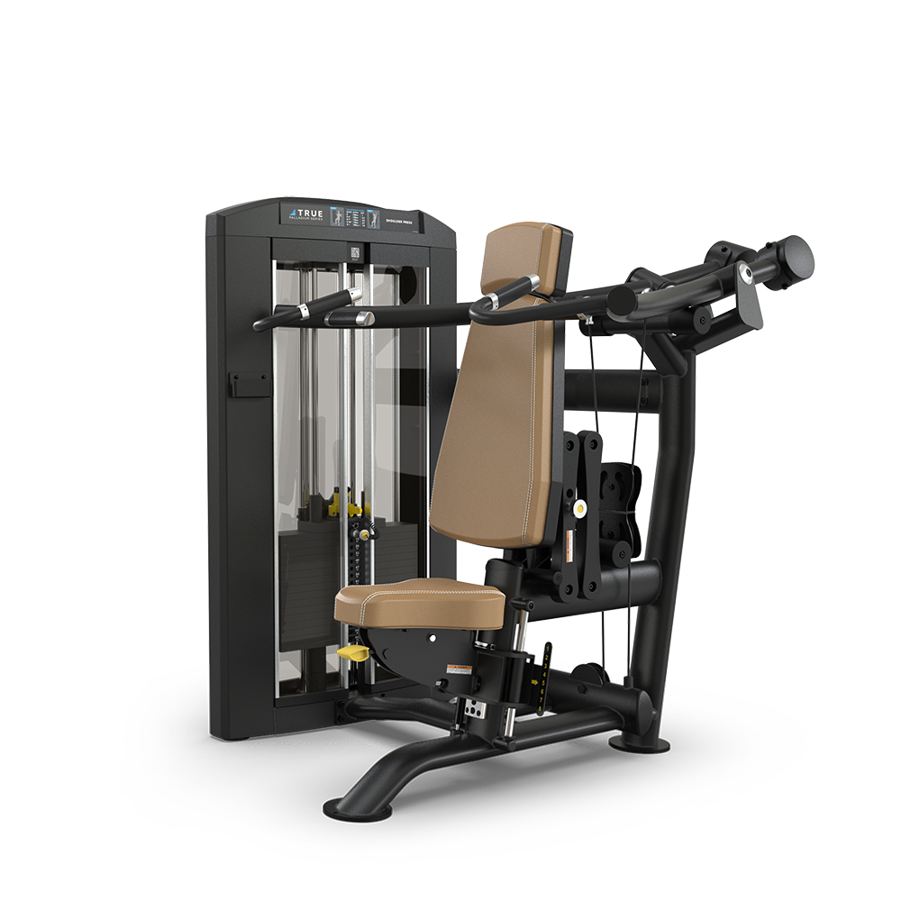 A seated strength training machine with padded seat and backrest, black frame, and weight stack for adjustable resistance, designed for indoor chest or shoulder exercises.