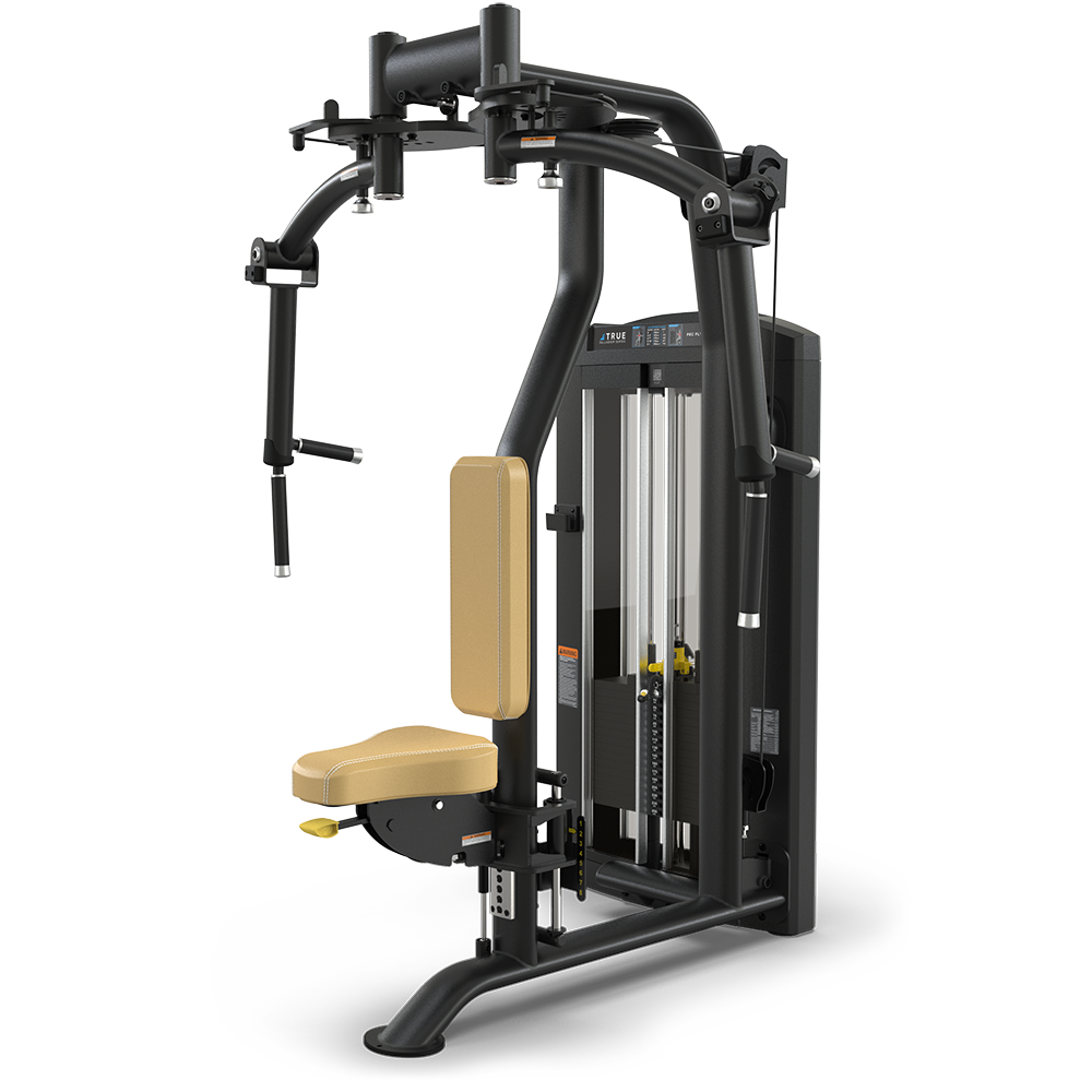 A multi-functional gym machine with a padded seat and backrest, two adjustable arms with handles, a weight stack, and a sturdy black frame designed for seated chest and upper body exercises.
