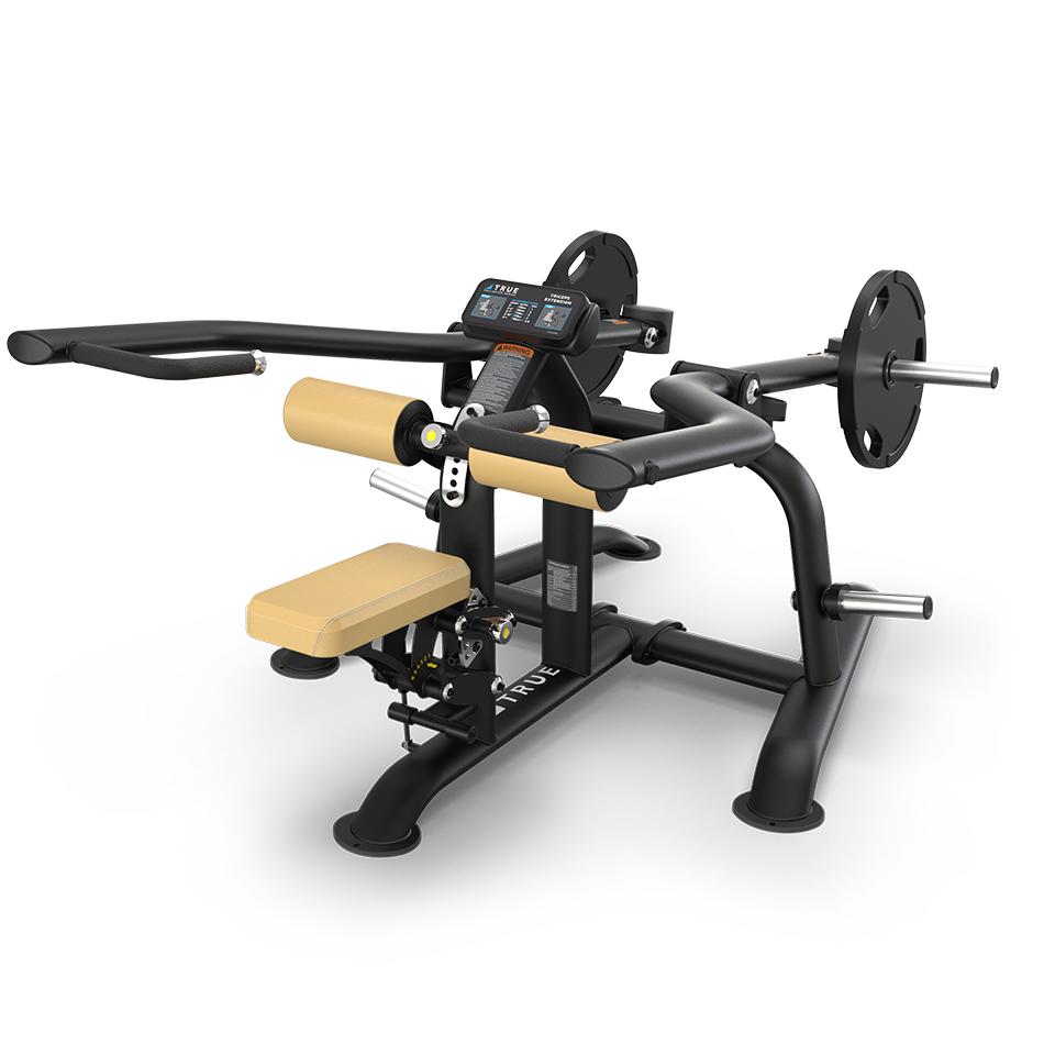 A black and yellow plate-loaded gym machine with padded seat and arm supports, dual handles, and weight plate holders, designed for upper body strength training, shown against a plain white background.
