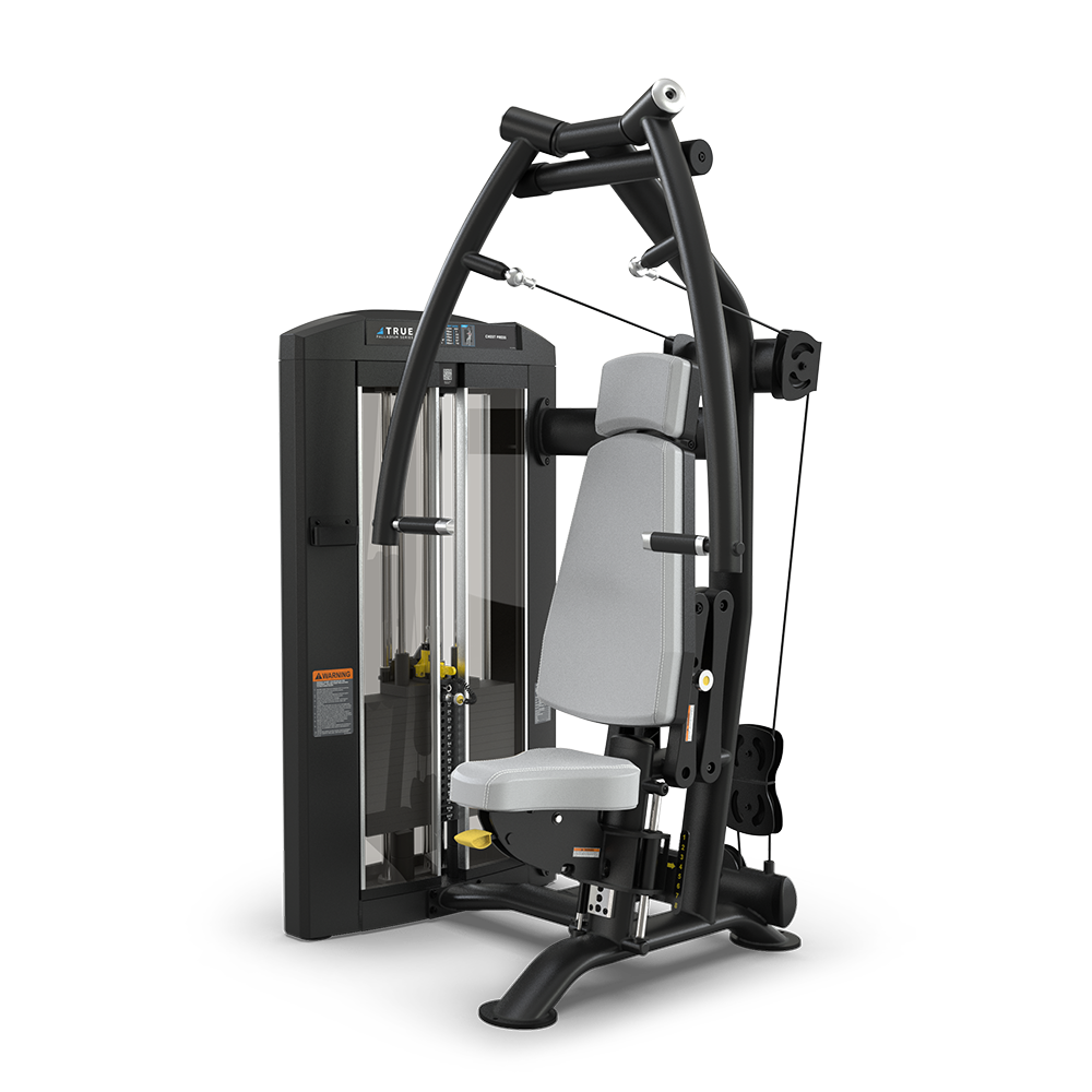 A black and gray seated chest press machine with padded seat and backrest, cables, handles, and an adjustable weight stack, designed for strength training in a gym setting.
