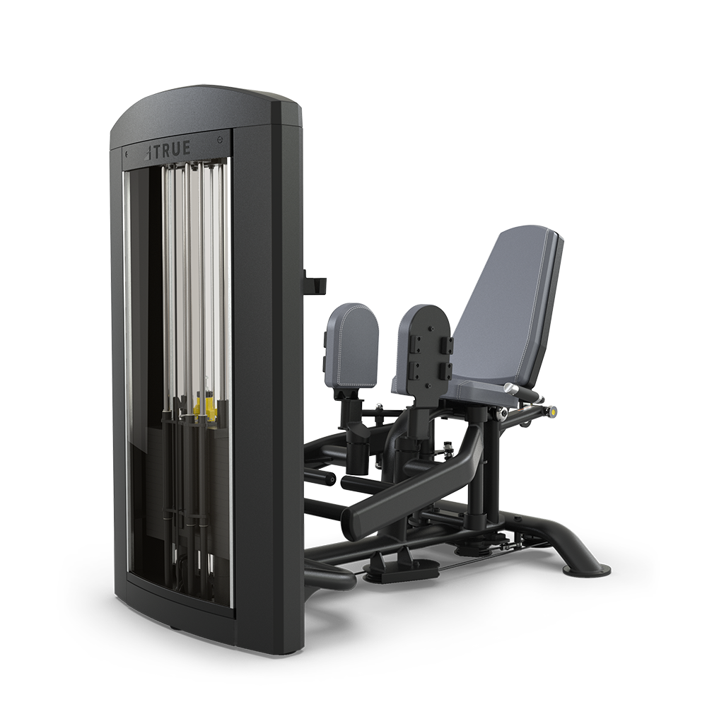 A gym machine with padded seats and backrests, weights enclosed in a black casing, and foot platforms, designed for leg exercises such as hip abductions or adductions, against a plain white background.
