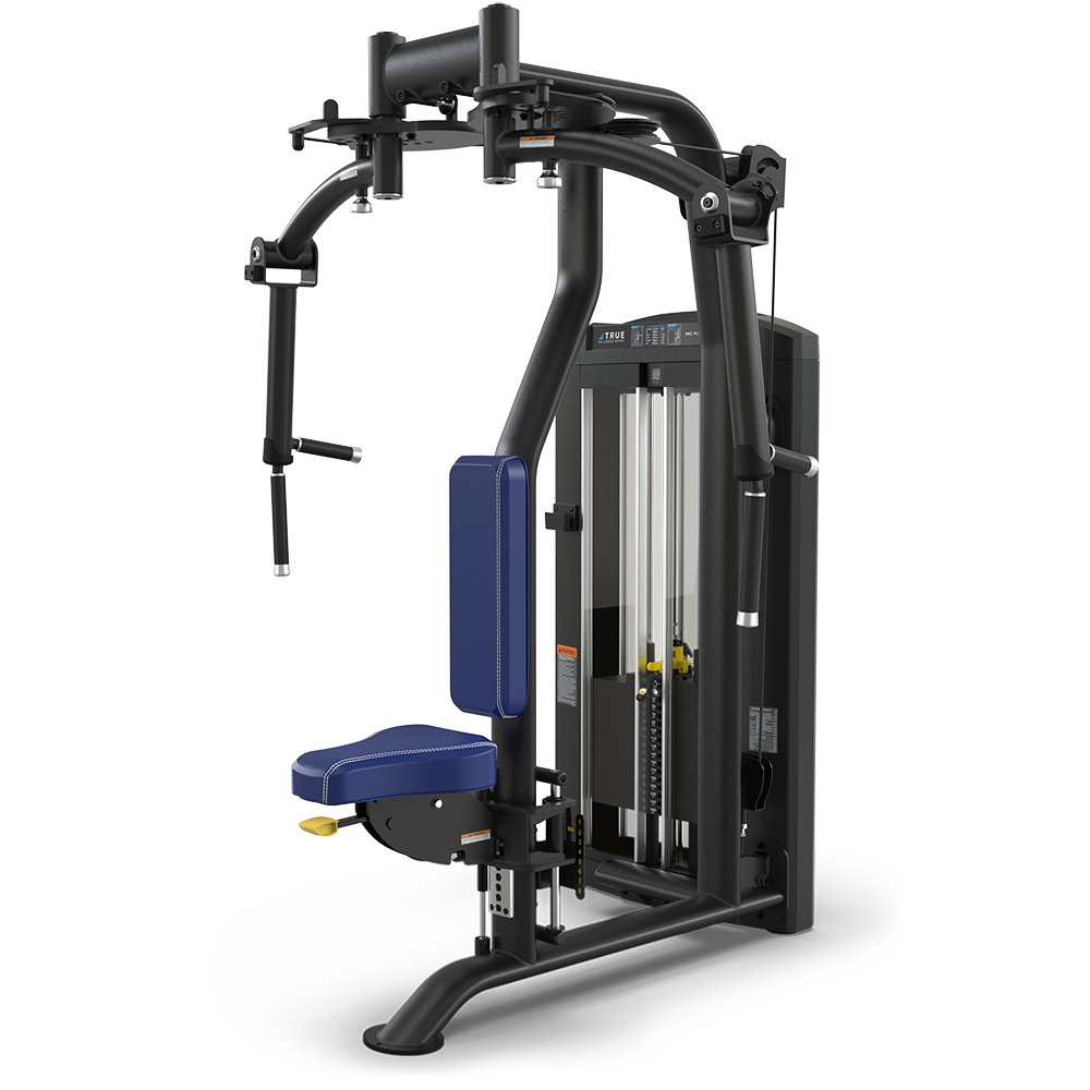 A black and blue seated chest press machine with padded seat and backrest, adjustable arms, and weight stack for resistance training, set against a plain white background.