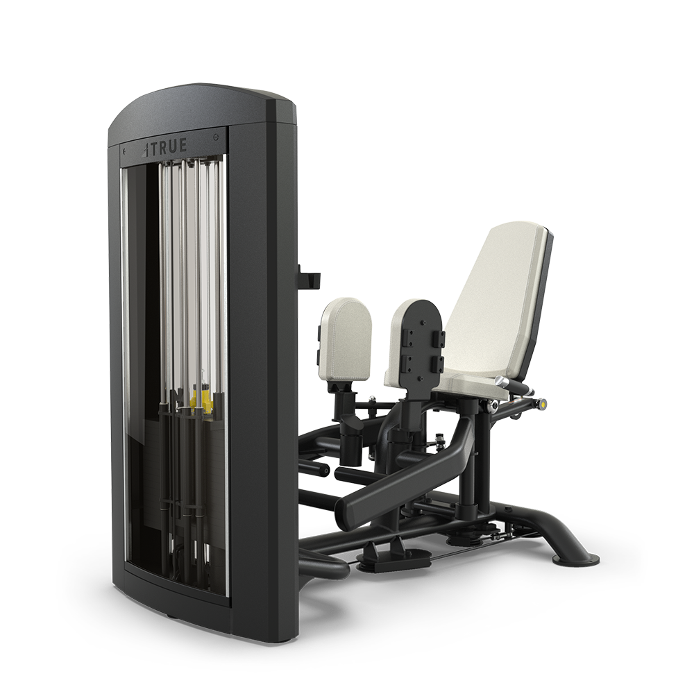 A gym machine with a padded seat and backrest, adjustable weight stack, and two padded leg supports designed for inner thigh and hip adductor exercises, against a plain white background.
