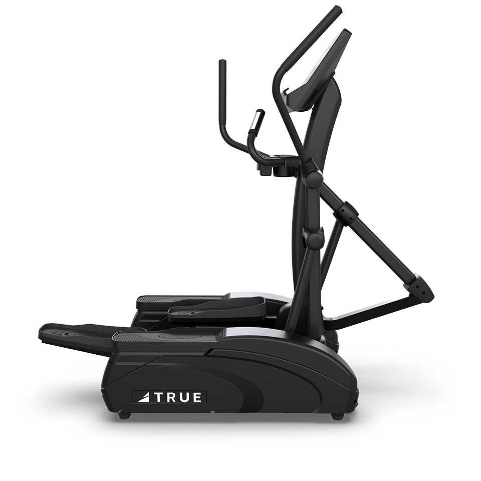 A black elliptical exercise machine with a digital display, handlebars, and foot pedals, shown from the side. The brand TRUE is visible on the base.