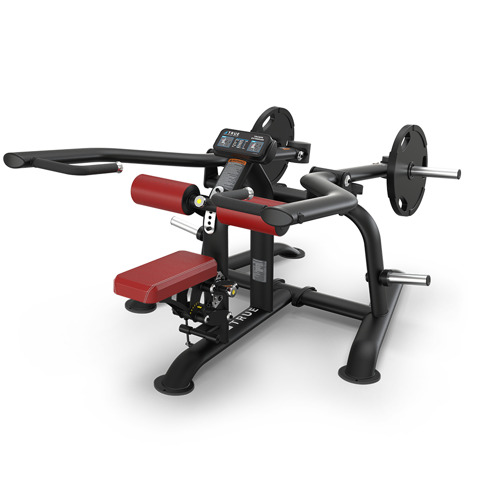 A black and red seated gym machine with handles, padded seat, backrest, and weight plate holders, designed for strength training exercises.