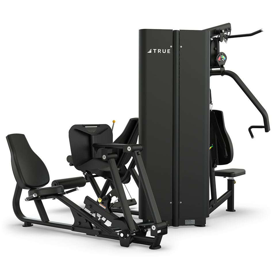 A dual-function gym machine with black seats and metal frame, designed for both seated leg press and lat pulldown exercises, featuring weight stacks and adjustable parts.