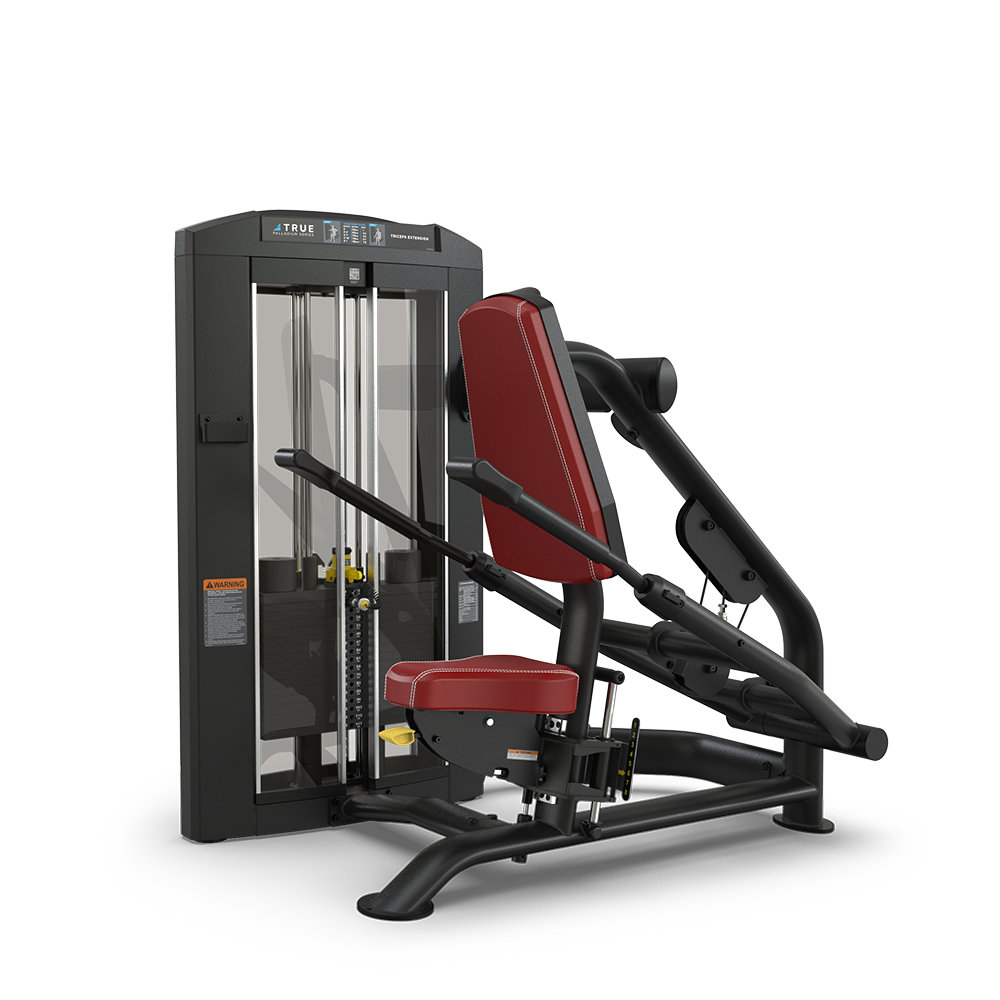 A seated chest press machine with a black frame, adjustable weight stack, transparent panels, and red padded seat and backrest on a white background.