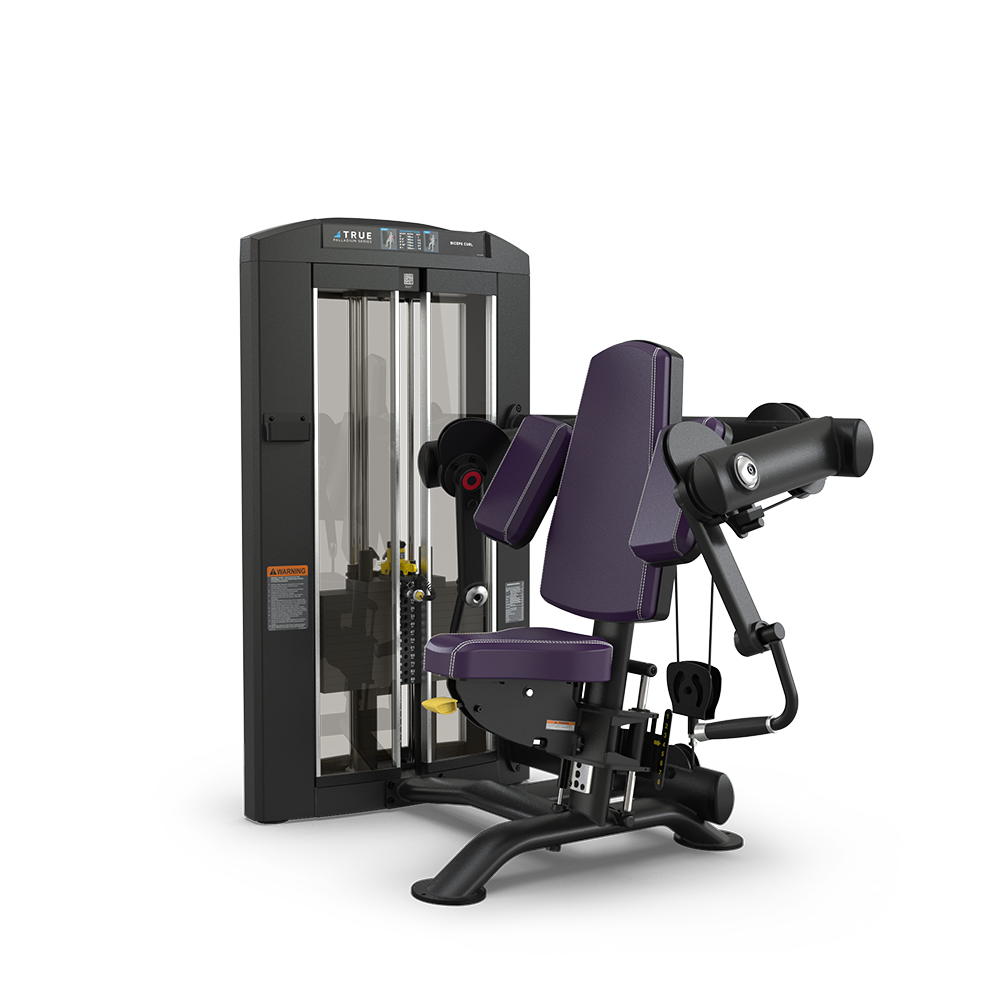 A seated gym machine with a padded seat and backrest, designed for arm and upper body exercises, featuring adjustable weights and handles, primarily black and purple in color.
