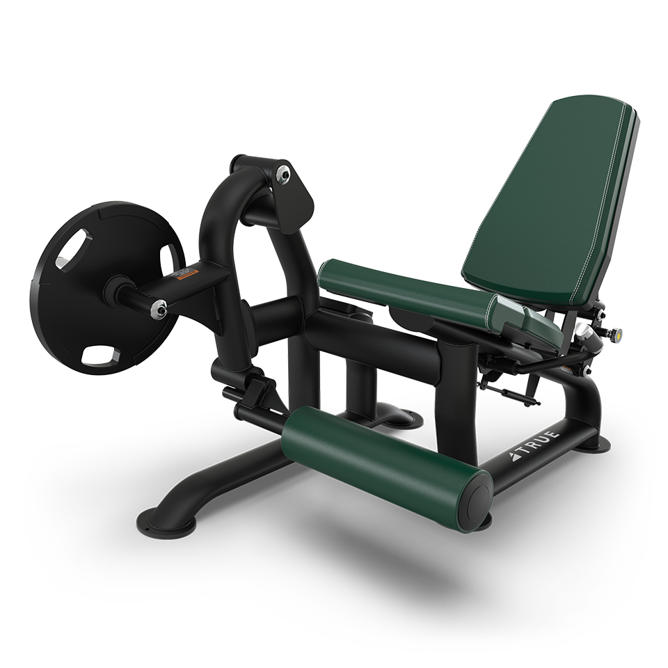 A green and black leg press machine with padded seat, backrest, and rollers, designed for strength training and exercise in a gym or fitness center.