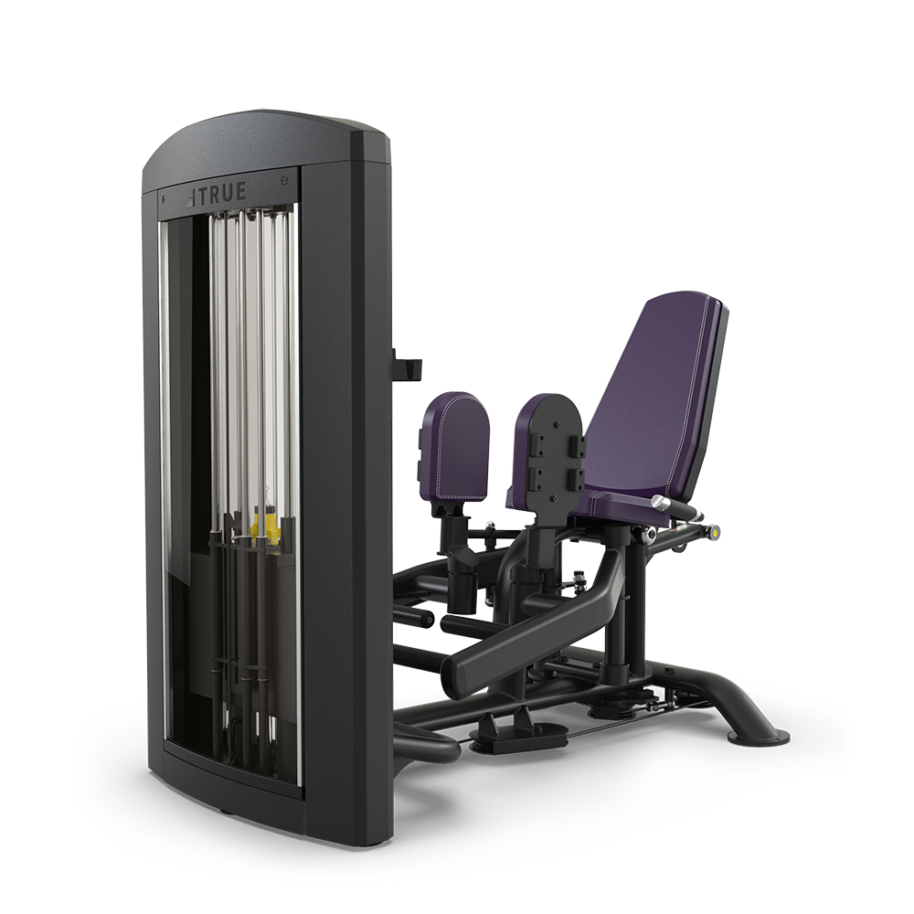 A commercial gym hip abductor machine with a padded seat and backrest, adjustable weight stack, and two padded leg pads for isolating hip abductor muscles. The machine is black and purple on a white background.