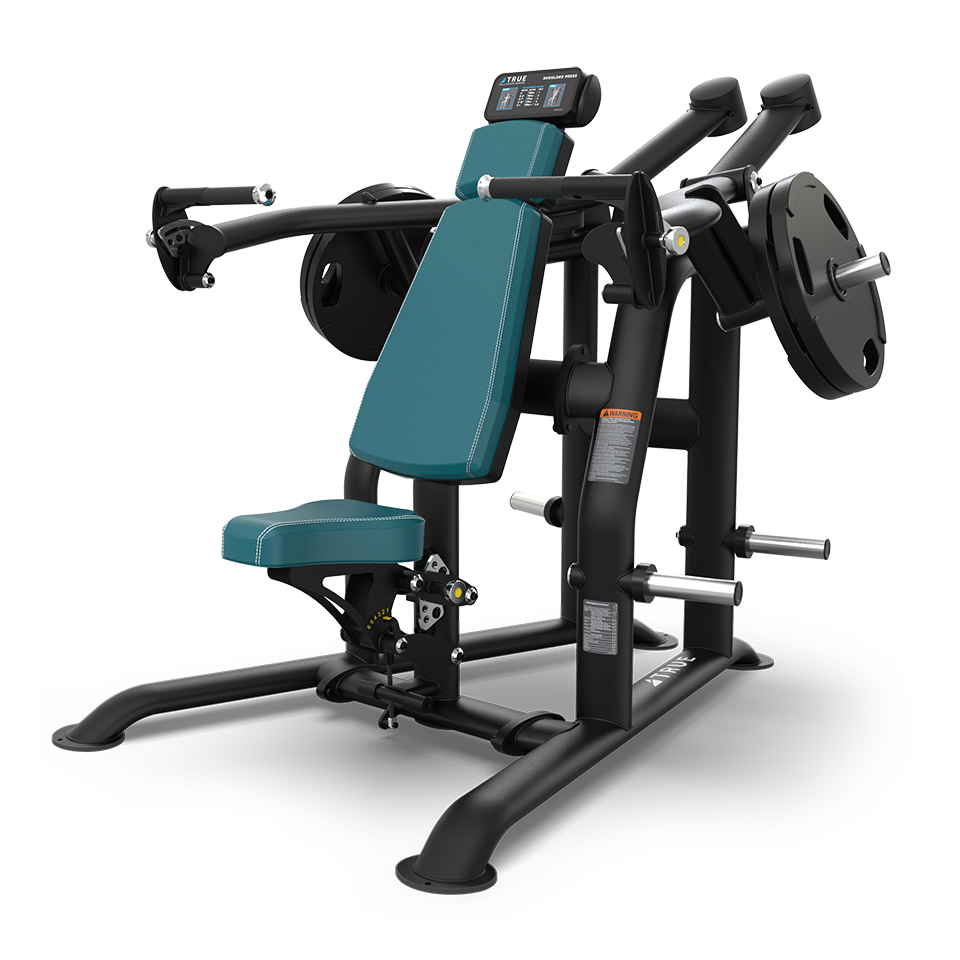 A teal and black plate-loaded chest press machine with padded seat and backrest, adjustable arm handles, and weight storage pegs, designed for upper body strength training in a gym setting.