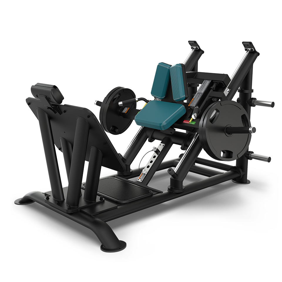 A black and teal leg press machine with weight plates loaded on both sides, designed for lower body strength training in a gym setting.