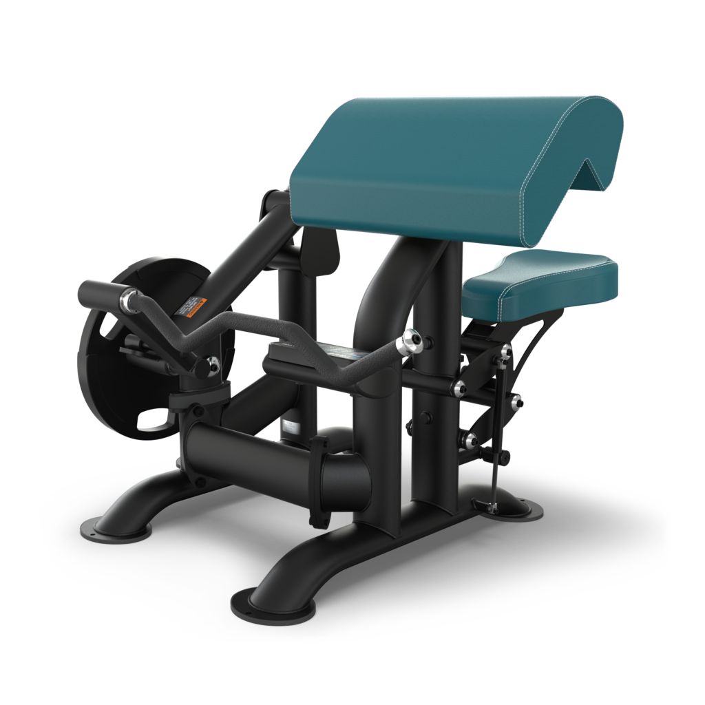 A black and teal seated gym machine designed for preacher curls, featuring padded arm and seat rests, handles with weight plates, and a robust metal frame.